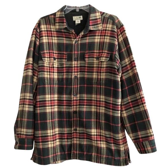 LL Bean Flannel Shacket Mens M Olive Plaid Fleece Lined Button Up Shirt Jacket - Picture 3 of 12